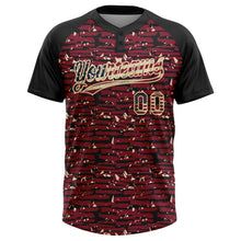 Load image into Gallery viewer, Custom Crimson Vintage USA Flag Black-Cream Raglan Sleeves Distressed Fragment Brush Stroke Two-Button Unisex Softball Jersey
