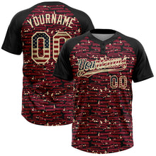 Load image into Gallery viewer, Custom Crimson Vintage USA Flag Black-Cream Raglan Sleeves Distressed Fragment Brush Stroke Two-Button Unisex Softball Jersey
