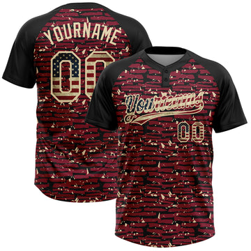 Custom Crimson Vintage USA Flag Black-Cream Raglan Sleeves Distressed Fragment Brush Stroke Two-Button Unisex Softball Jersey