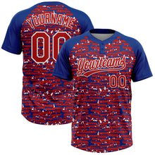 Load image into Gallery viewer, Custom Red Royal-White Raglan Sleeves Distressed Fragment Brush Stroke Two-Button Unisex Softball Jersey
