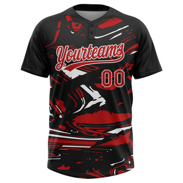 Custom Black Red-White Raglan Sleeves Abstract Fluid Marble Two-Button Unisex Softball Jersey