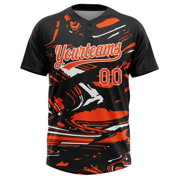 Custom Black Orange-White Raglan Sleeves Abstract Fluid Marble Two-Button Unisex Softball Jersey