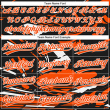 Laden Sie das Bild in den Galerie-Viewer, Custom Black Orange-White Raglan Sleeves Abstract Fluid Marble Two-Button Unisex Softball Jersey
