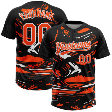 Custom Black Orange-White Raglan Sleeves Abstract Fluid Marble Two-Button Unisex Softball Jersey