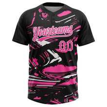 Charger l'image dans la galerie, Custom Black Pink-White Raglan Sleeves Abstract Fluid Marble Two-Button Unisex Softball Jersey
