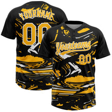 Charger l'image dans la galerie, Custom Black Gold-White Raglan Sleeves Abstract Fluid Marble Two-Button Unisex Softball Jersey
