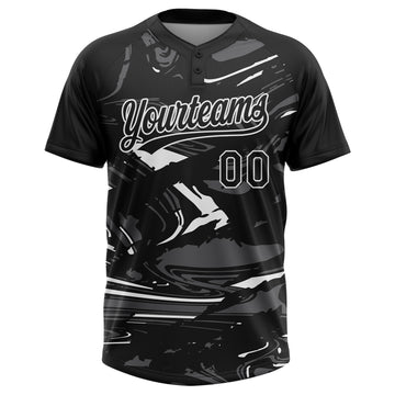 Custom Black Steel Gray-White Raglan Sleeves Abstract Fluid Marble Two-Button Unisex Softball Jersey
