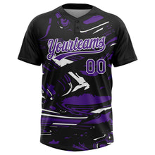 Load image into Gallery viewer, Custom Black Purple-White Raglan Sleeves Abstract Fluid Marble Two-Button Unisex Softball Jersey
