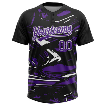 Custom Black Purple-White Raglan Sleeves Abstract Fluid Marble Two-Button Unisex Softball Jersey