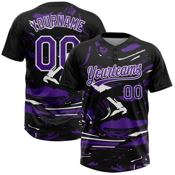Custom Black Purple-White Raglan Sleeves Abstract Fluid Marble Two-Button Unisex Softball Jersey