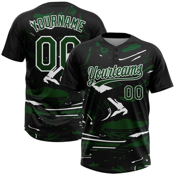 Custom Black Green-White Raglan Sleeves Abstract Fluid Marble Two-Button Unisex Softball Jersey