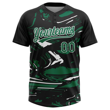 Custom Black Kelly Green-White Raglan Sleeves Abstract Fluid Marble Two-Button Unisex Softball Jersey
