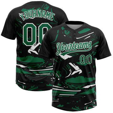 Custom Black Kelly Green-White Raglan Sleeves Abstract Fluid Marble Two-Button Unisex Softball Jersey