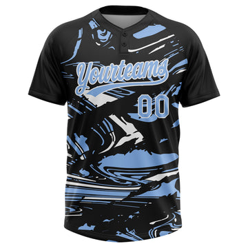 Custom Black Light Blue-White Raglan Sleeves Abstract Fluid Marble Two-Button Unisex Softball Jersey