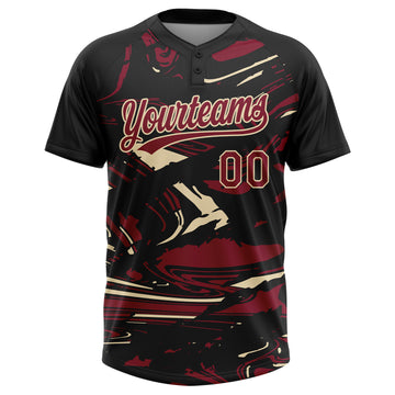 Custom Black Crimson Cream-Cream Raglan Sleeves Abstract Fluid Marble Two-Button Unisex Softball Jersey
