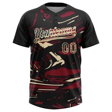 Custom Black Vintage USA Flag Crimson Cream-Cream Raglan Sleeves Abstract Fluid Marble Two-Button Unisex Softball Jersey
