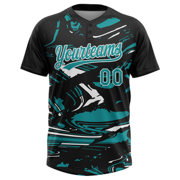 Custom Black Teal-White Raglan Sleeves Abstract Fluid Marble Two-Button Unisex Softball Jersey