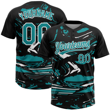 Custom Black Teal-White Raglan Sleeves Abstract Fluid Marble Two-Button Unisex Softball Jersey