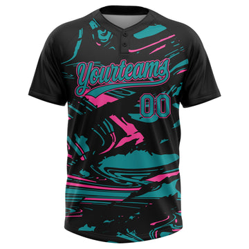 Custom Black Teal-Pink Raglan Sleeves Abstract Fluid Marble Two-Button Unisex Softball Jersey