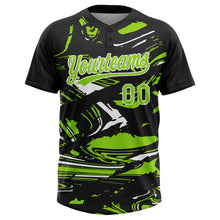 Laden Sie das Bild in den Galerie-Viewer, Custom Black Neon Green-White Raglan Sleeves Abstract Fluid Marble Two-Button Unisex Softball Jersey
