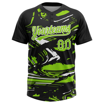 Custom Black Neon Green-White Raglan Sleeves Abstract Fluid Marble Two-Button Unisex Softball Jersey