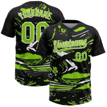 Custom Black Neon Green-White Raglan Sleeves Abstract Fluid Marble Two-Button Unisex Softball Jersey