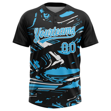 Custom Black Sky Blue-White Raglan Sleeves Abstract Fluid Marble Two-Button Unisex Softball Jersey