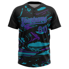 Charger l'image dans la galerie, Custom Black Purple-Teal Raglan Sleeves Abstract Fluid Marble Two-Button Unisex Softball Jersey
