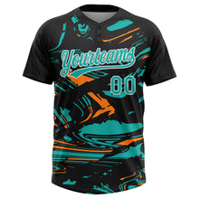 Load image into Gallery viewer, Custom Black Aqua Bay Orange-White Raglan Sleeves Abstract Fluid Marble Two-Button Unisex Softball Jersey
