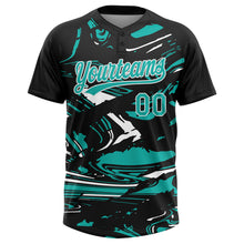 Load image into Gallery viewer, Custom Black Aqua-White Raglan Sleeves Abstract Fluid Marble Two-Button Unisex Softball Jersey
