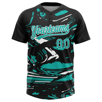 Custom Black Aqua-White Raglan Sleeves Abstract Fluid Marble Two-Button Unisex Softball Jersey