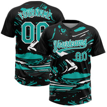 Load image into Gallery viewer, Custom Black Aqua-White Raglan Sleeves Abstract Fluid Marble Two-Button Unisex Softball Jersey
