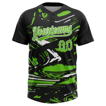 Custom Black Aurora Green-White Raglan Sleeves Abstract Fluid Marble Two-Button Unisex Softball Jersey