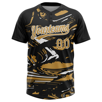 Custom Black Old Gold-White Raglan Sleeves Abstract Fluid Marble Two-Button Unisex Softball Jersey