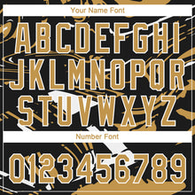 Load image into Gallery viewer, Custom Black Old Gold-White Raglan Sleeves Abstract Fluid Marble Two-Button Unisex Softball Jersey
