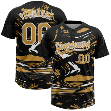 Custom Black Old Gold-White Raglan Sleeves Abstract Fluid Marble Two-Button Unisex Softball Jersey