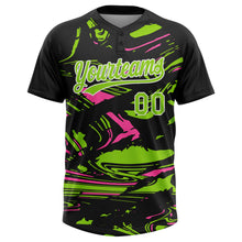 Load image into Gallery viewer, Custom Black Neon Green Pink-White Raglan Sleeves Abstract Fluid Marble Two-Button Unisex Softball Jersey
