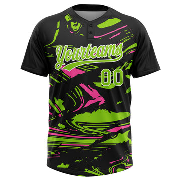 Custom Black Neon Green Pink-White Raglan Sleeves Abstract Fluid Marble Two-Button Unisex Softball Jersey