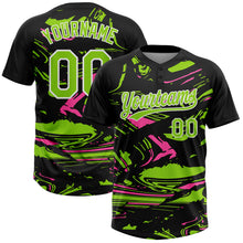 Load image into Gallery viewer, Custom Black Neon Green Pink-White Raglan Sleeves Abstract Fluid Marble Two-Button Unisex Softball Jersey

