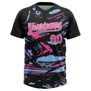 Custom Black Pink Light Blue-White Raglan Sleeves Abstract Fluid Marble Two-Button Unisex Softball Jersey