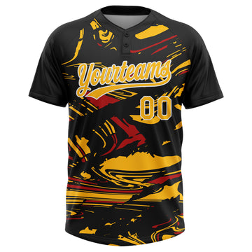 Custom Black Gold Red-White Raglan Sleeves Abstract Fluid Marble Two-Button Unisex Softball Jersey