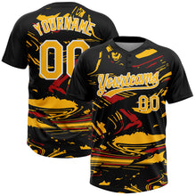 Load image into Gallery viewer, Custom Black Gold Red-White Raglan Sleeves Abstract Fluid Marble Two-Button Unisex Softball Jersey
