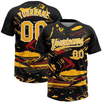 Custom Black Gold Red-White Raglan Sleeves Abstract Fluid Marble Two-Button Unisex Softball Jersey