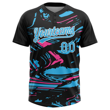 Custom Black Sky Blue Pink-White Raglan Sleeves Abstract Fluid Marble Two-Button Unisex Softball Jersey