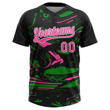 Charger l'image dans la galerie, Custom Black Pink Grass Green-White Raglan Sleeves Abstract Fluid Marble Two-Button Unisex Softball Jersey
