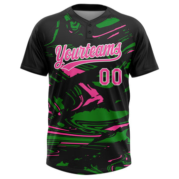 Custom Black Pink Grass Green-White Raglan Sleeves Abstract Fluid Marble Two-Button Unisex Softball Jersey