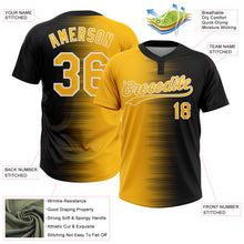 Laden Sie das Bild in den Galerie-Viewer, Custom Black Gold-White Gradient Horizontal Stripe Two-Button Unisex Softball Jersey
