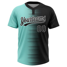 Laden Sie das Bild in den Galerie-Viewer, Custom Black Ice Blue-White Gradient Horizontal Stripe Two-Button Unisex Softball Jersey
