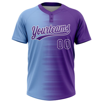 Custom Purple Light Blue-White Gradient Horizontal Stripe Two-Button Unisex Softball Jersey