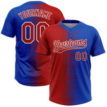 Laden Sie das Bild in den Galerie-Viewer, Custom Red Thunder Blue-White Gradient Horizontal Stripe Two-Button Unisex Softball Jersey
